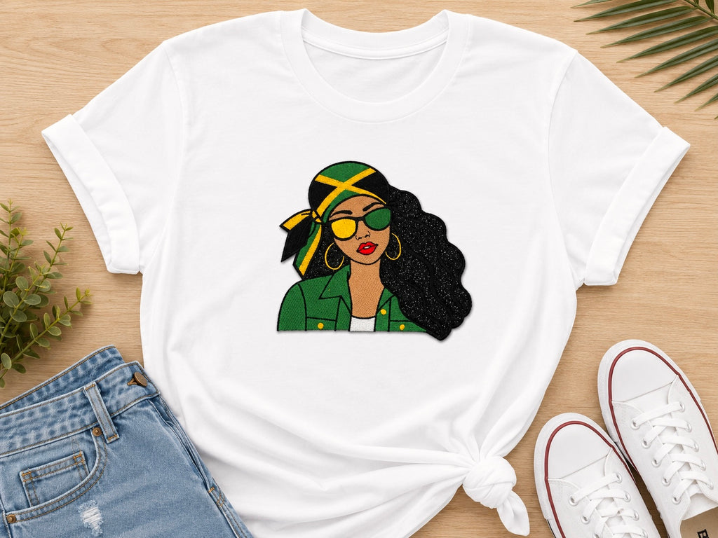 Jamaican Girl Embroidery Glitter Applique T-Shirt