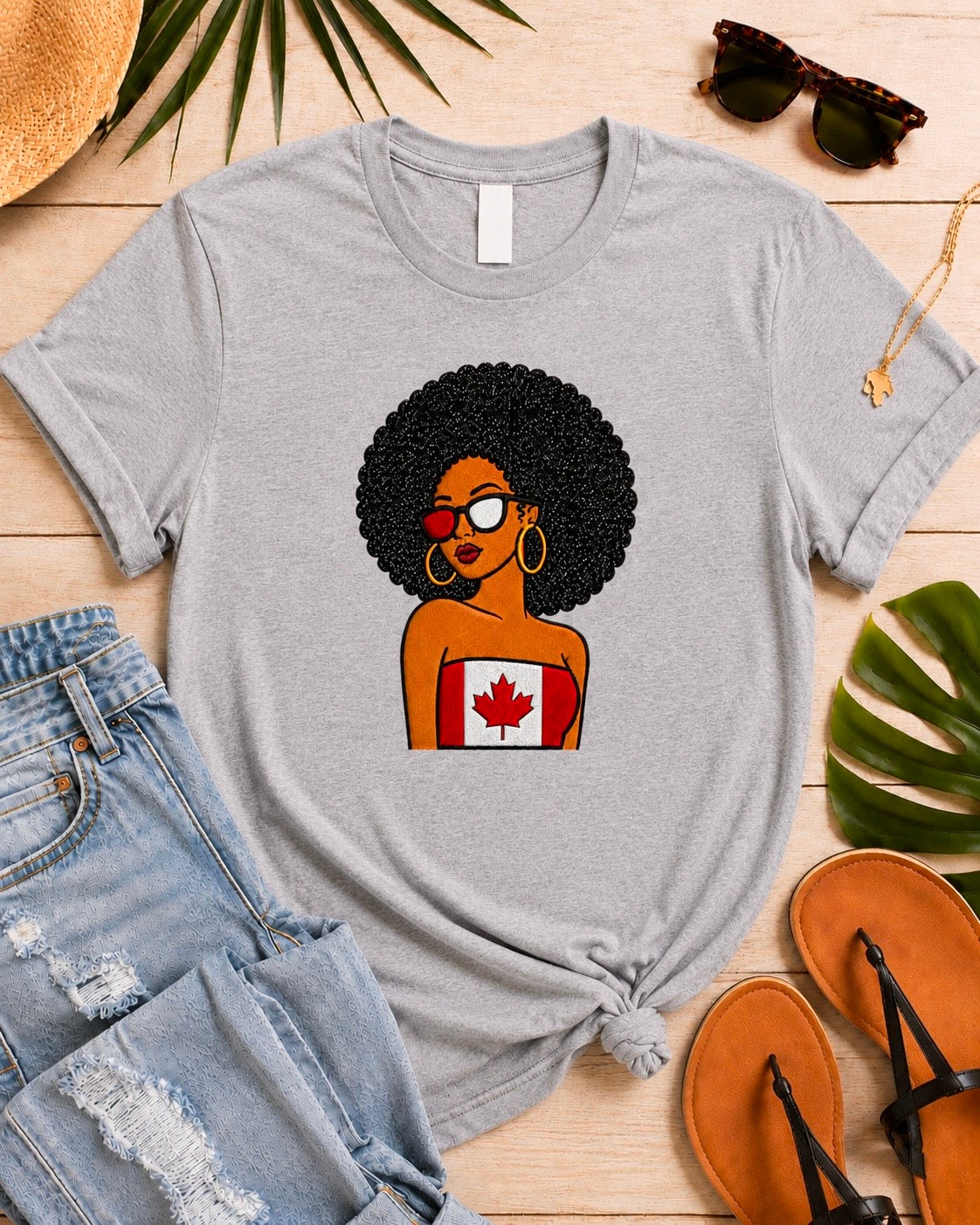 Canadian Girl Embroidered Glitter Applique T-Shirt