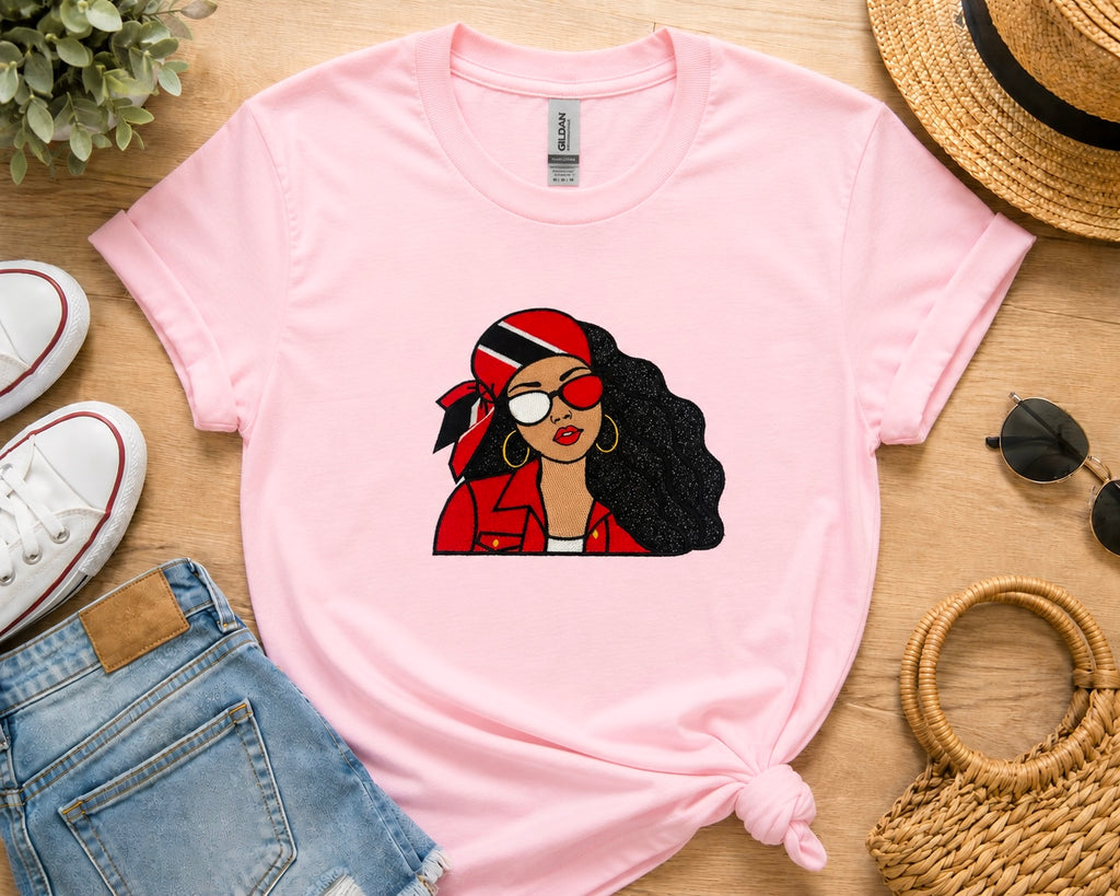 Trini Girl Embroidery Glitter Applique T-Shirt