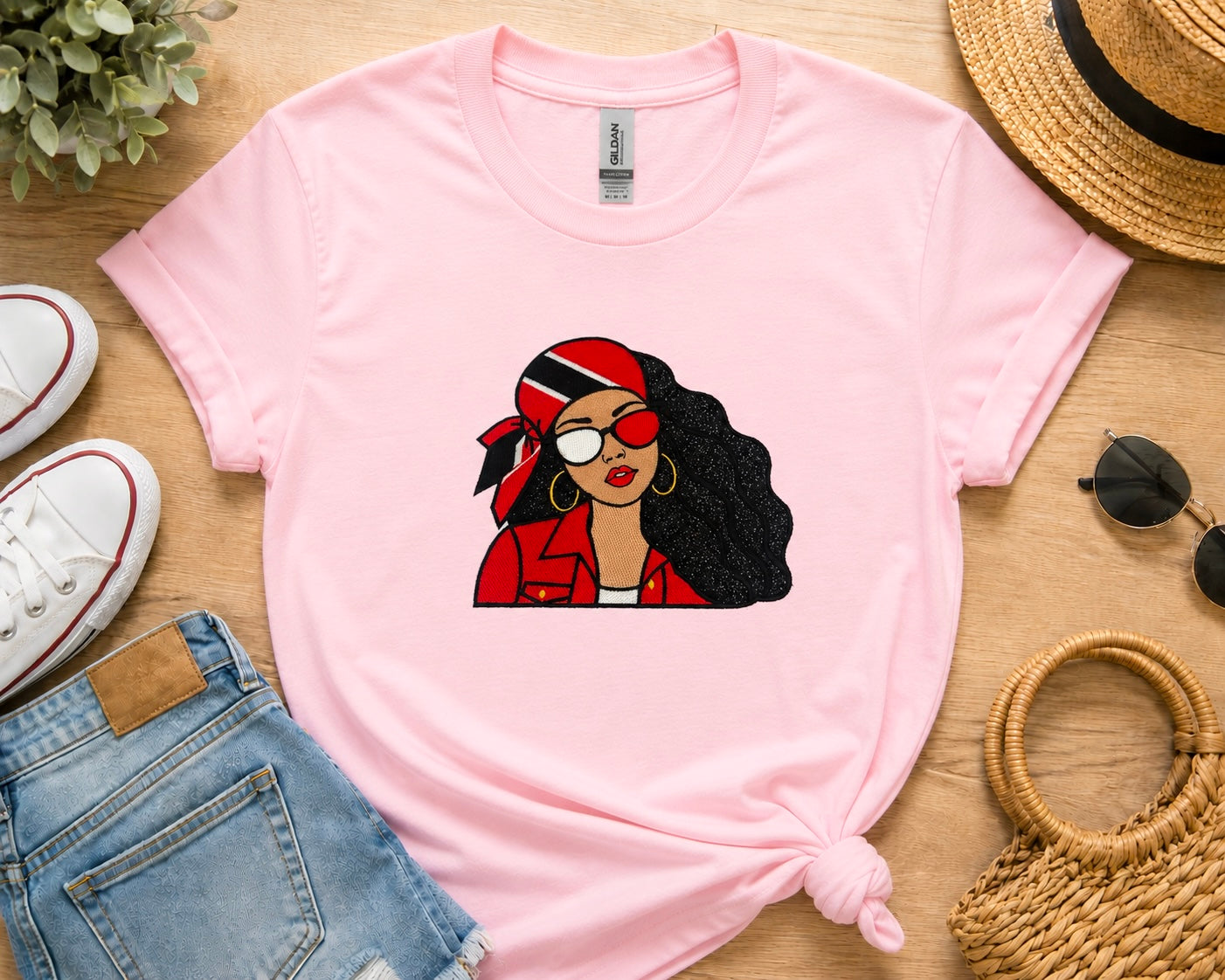 Trini Girl Embroidery Glitter Applique T-Shirt