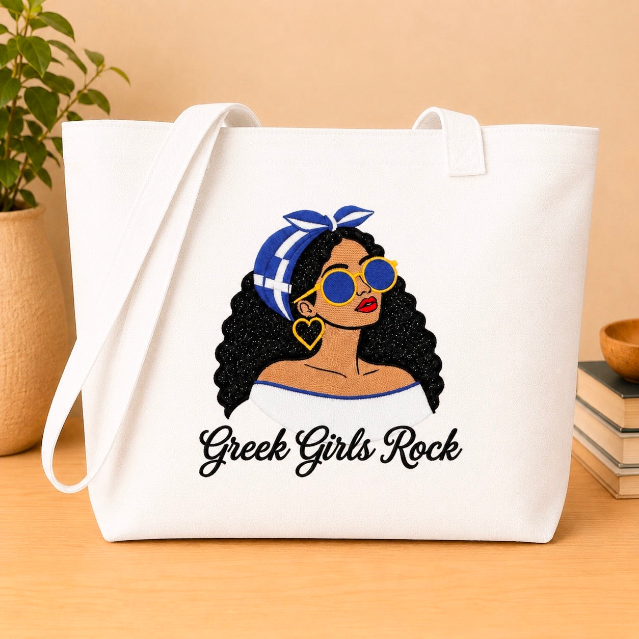 Greek Girls Rock Embroidered Glitter Applique Jumbo Tote Bag