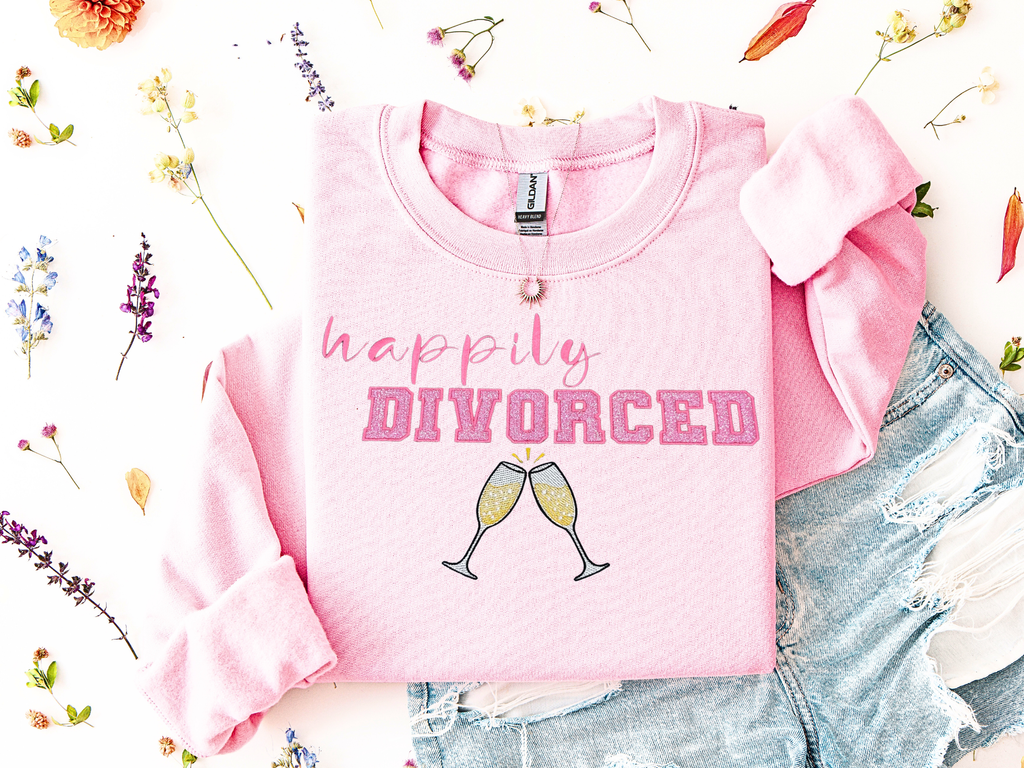 Happily Divorced Embroidered Sweatshirt – Glitter Appliqué Design