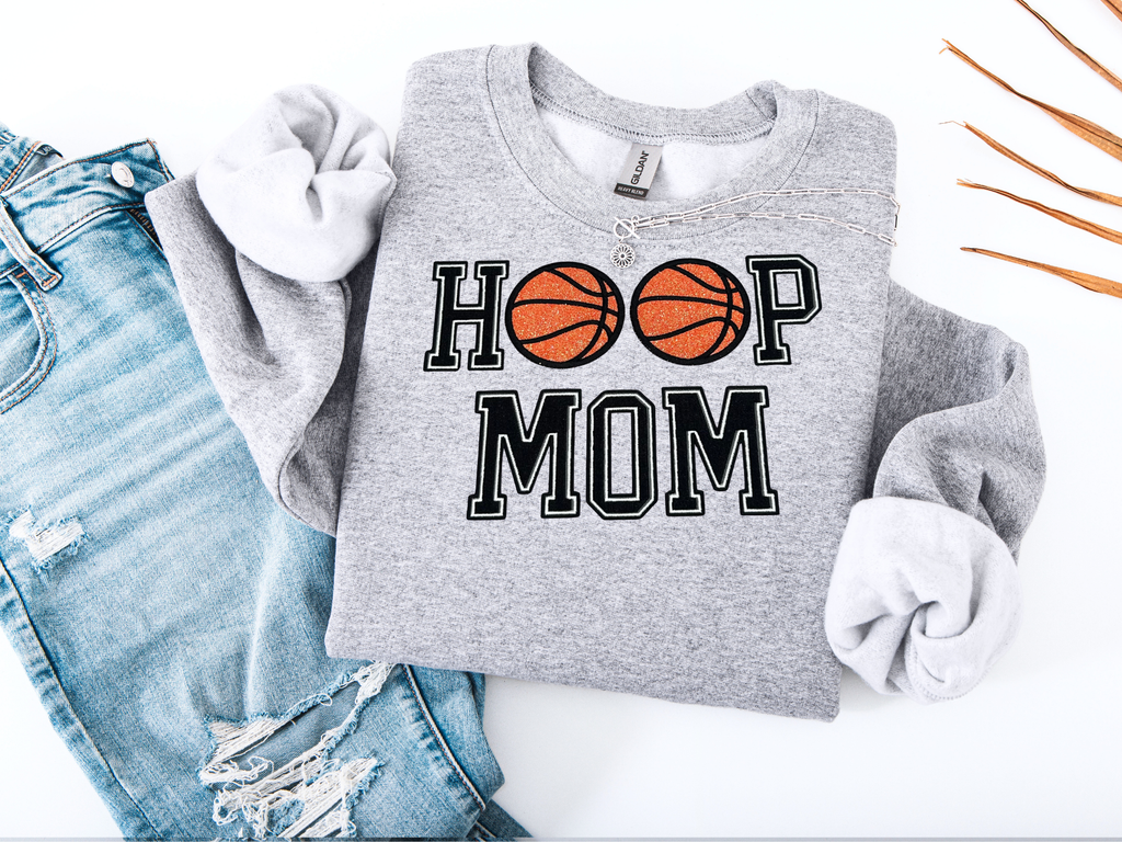 Hoop Mom Embroidered Sweatshirt – Basketball Glitter Appliqué Design