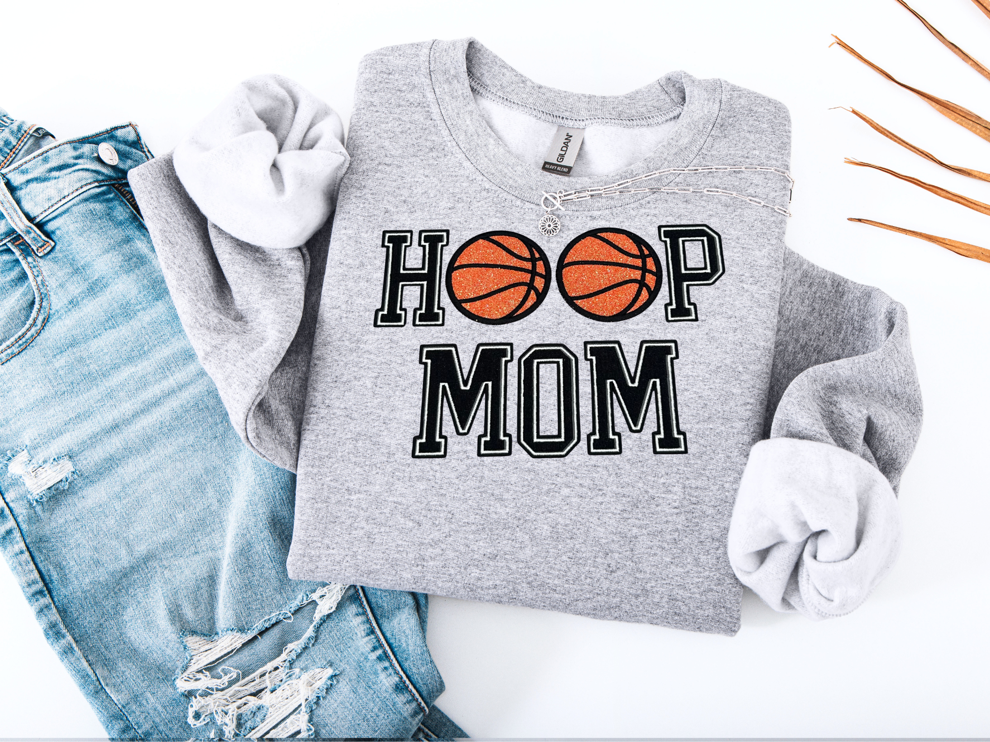 Hoop Mom Embroidered Sweatshirt – Basketball Glitter Appliqué Design
