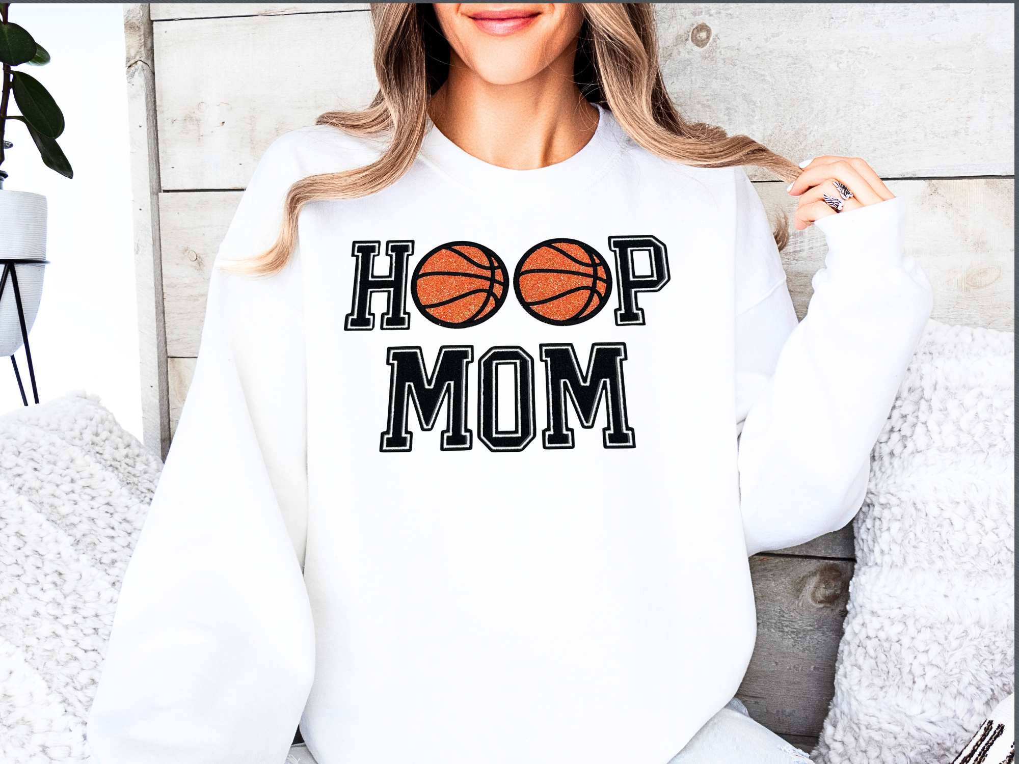 Hoop Mom Embroidered Sweatshirt – Basketball Glitter Appliqué Design