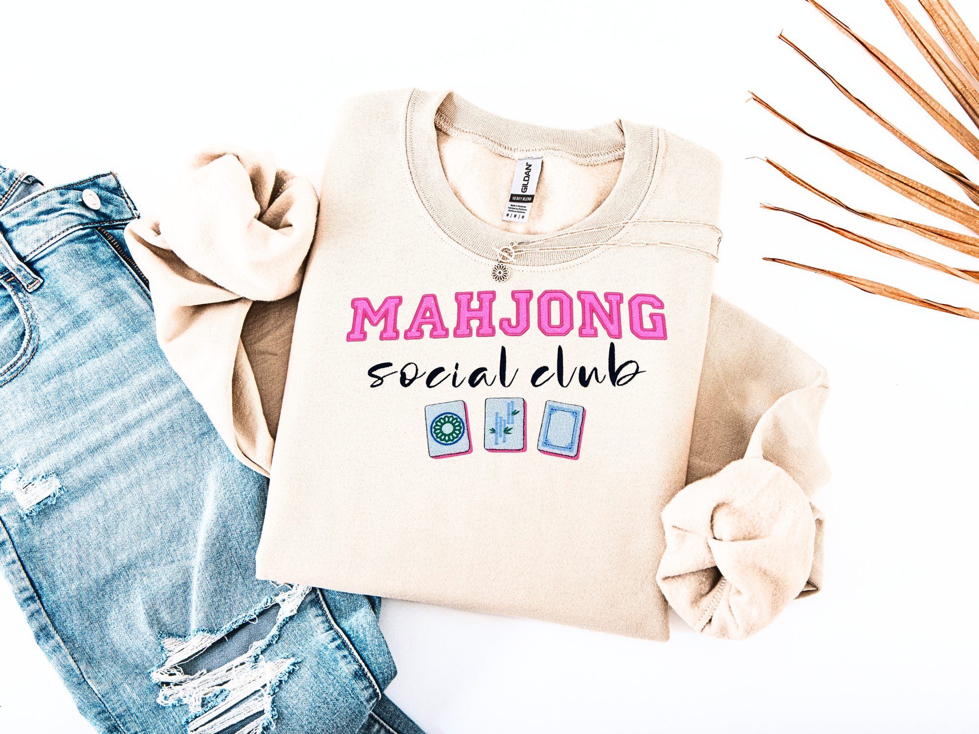Mahjong Social Club Embroidered Sweatshirt – Pink Glitter Appliqué Design