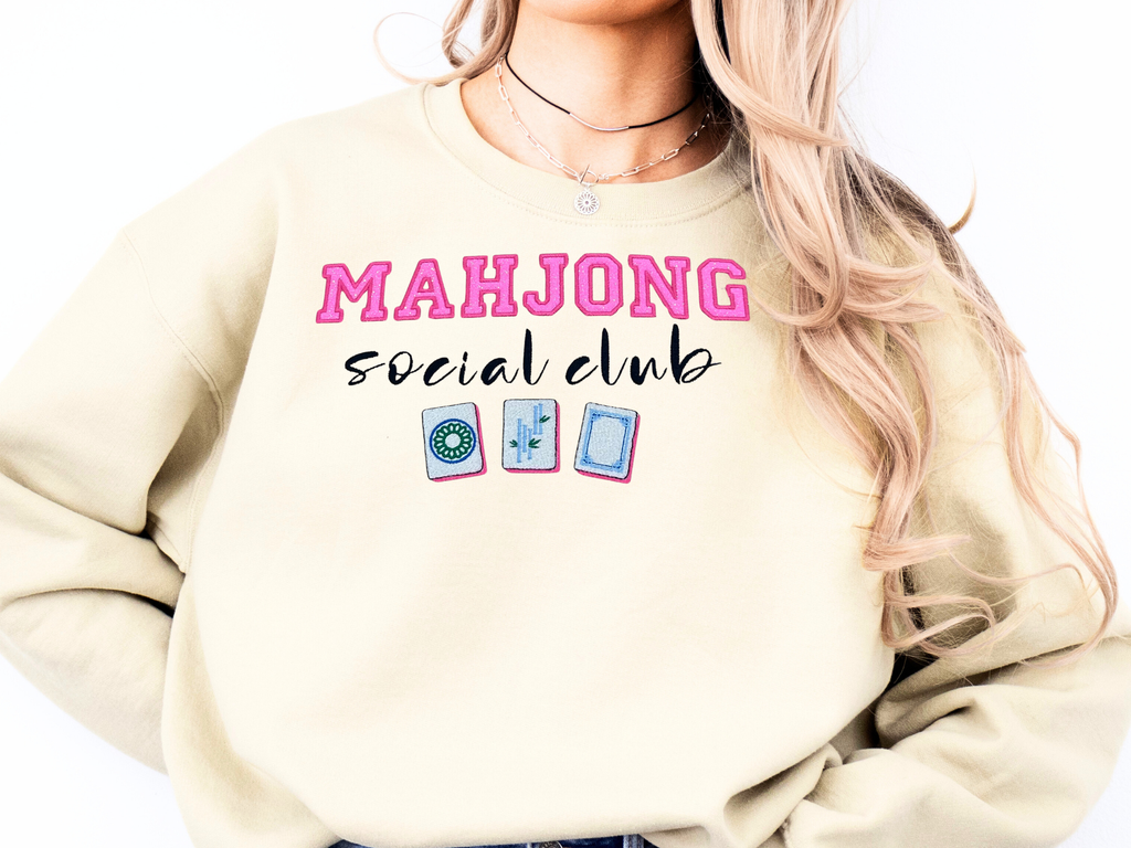 Mahjong Social Club Embroidered Sweatshirt – Pink Glitter Appliqué Design
