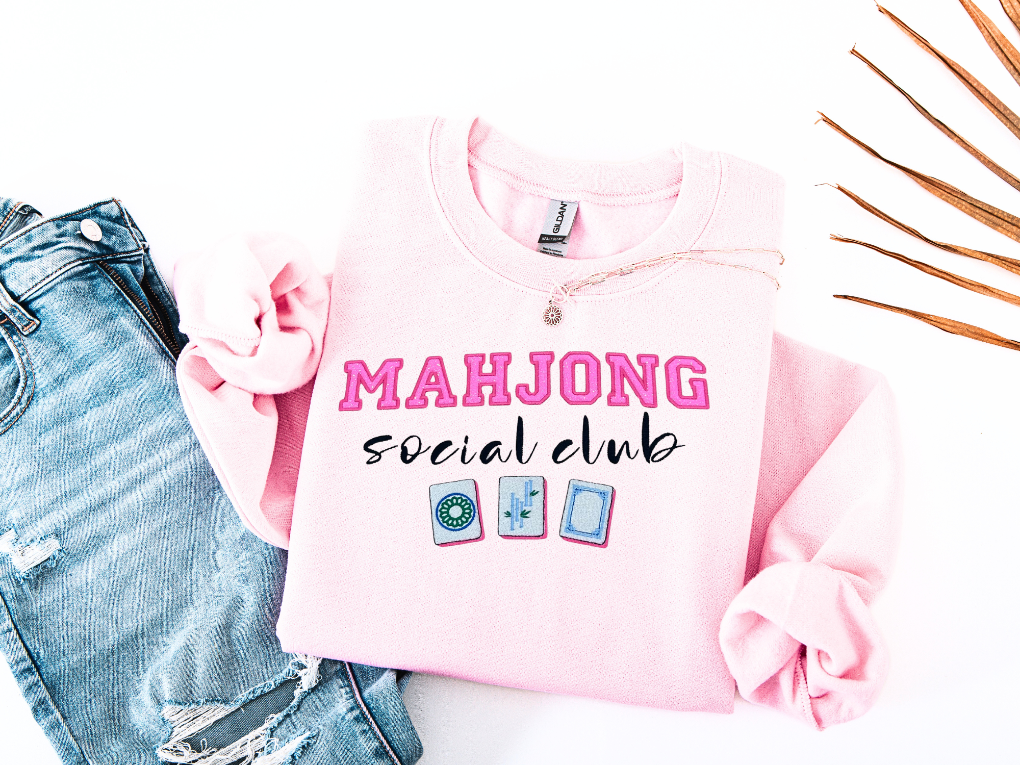 Mahjong Social Club Embroidered Sweatshirt – Pink Glitter Appliqué Design
