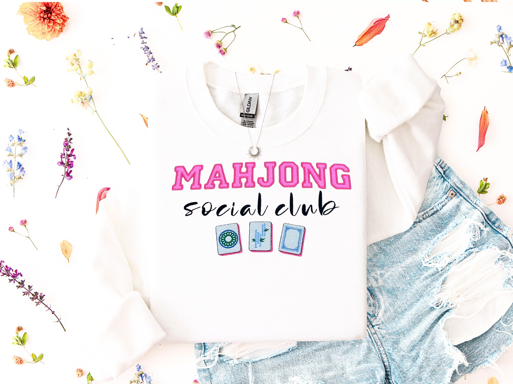 Mahjong Social Club Embroidered Sweatshirt – Pink Glitter Appliqué Design