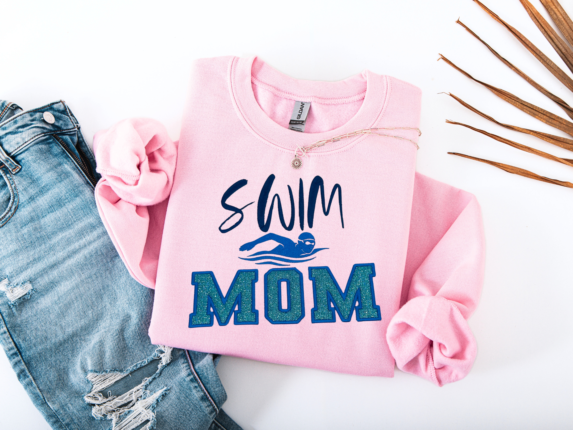 Swim Mom Embroidered Sweatshirt – Glitter Appliqué Design