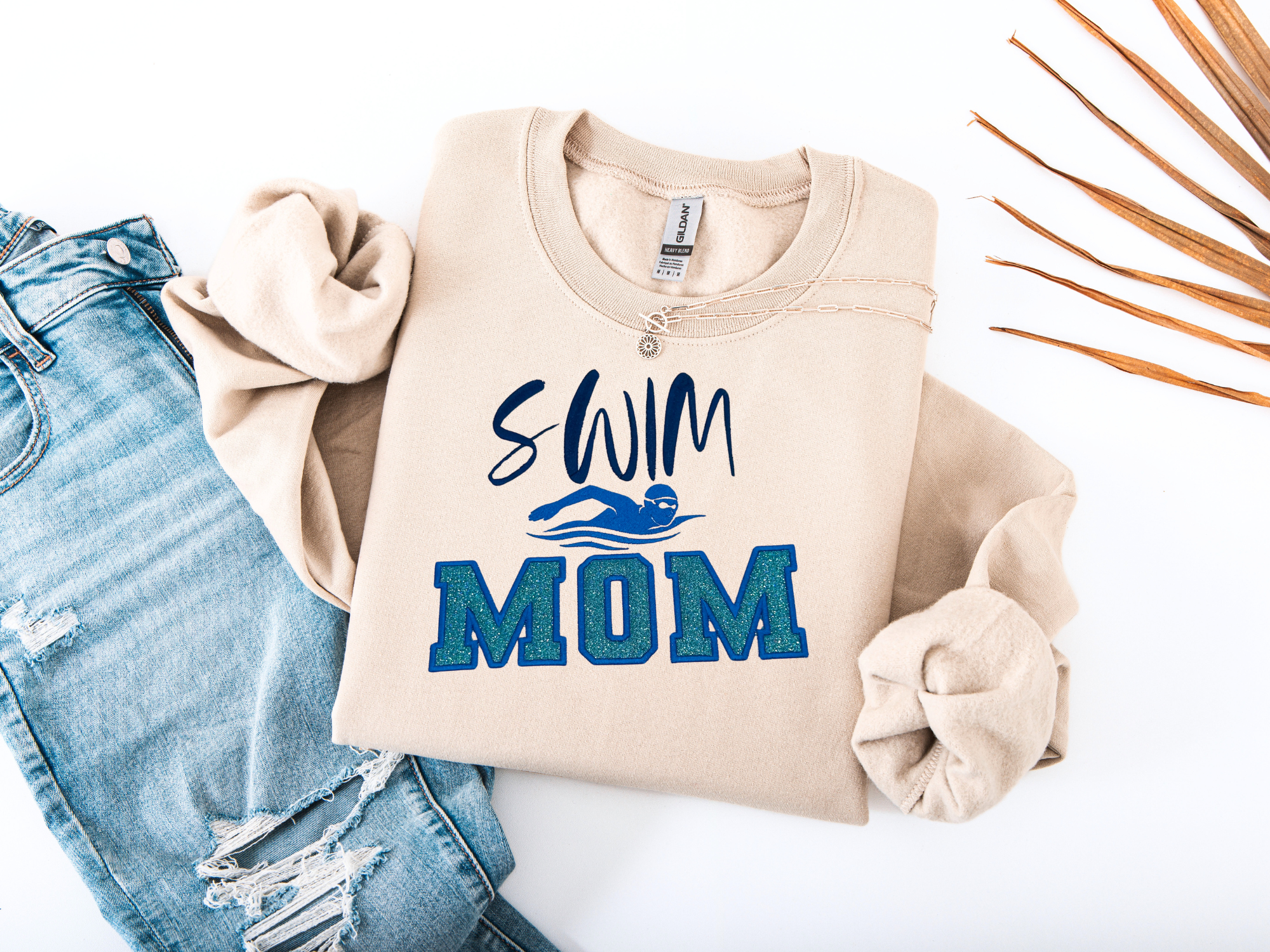 Swim Mom Embroidered Sweatshirt – Glitter Appliqué Design
