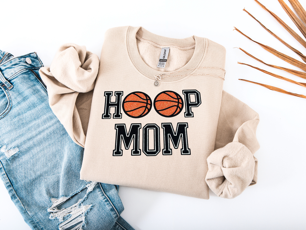 Hoop Mom Embroidered Sweatshirt – Basketball Glitter Appliqué Design
