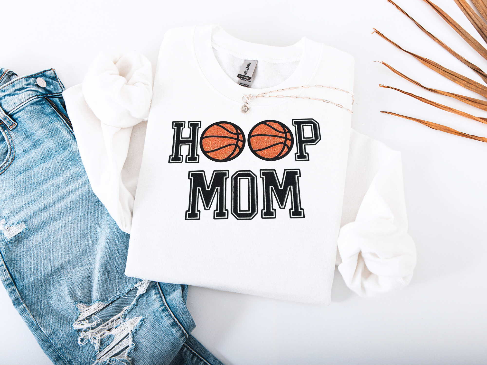 Hoop Mom Embroidered Sweatshirt – Basketball Glitter Appliqué Design