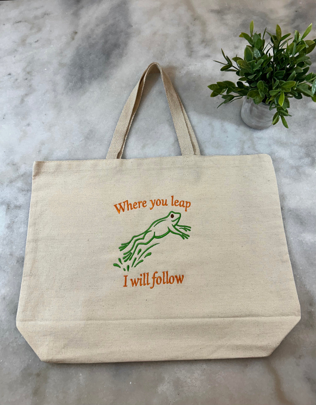 Where You Leap I Will Follow Embroidered Canvas Tote Bag
